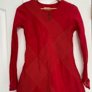 Red Long-Sleeve Dress with Button Detail